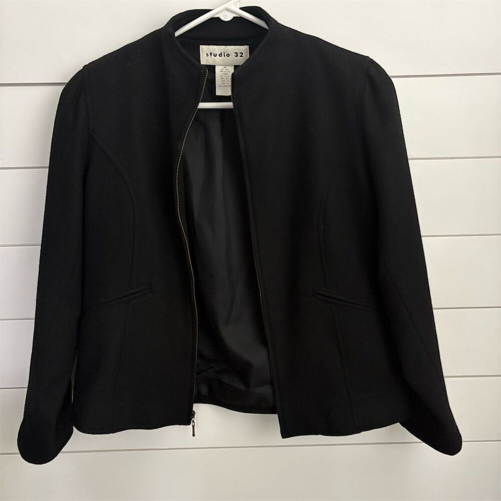 Studio 32 Women's Black 100% Wool Peplum Blazer‎ Jacket Size 3
